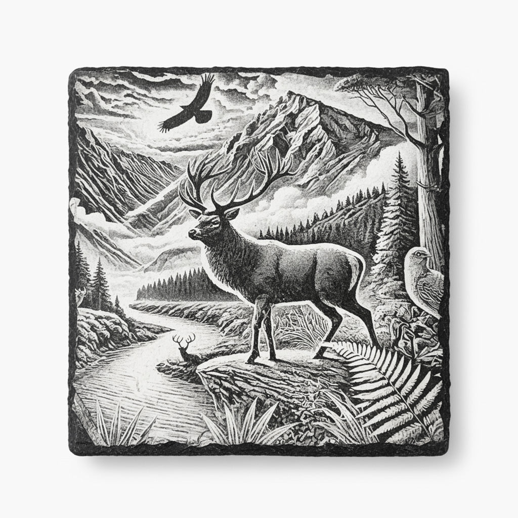 Hunters Sunrise slate coaster engraved with a stag in a mountain and forest landscape
