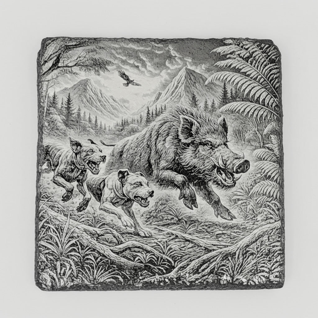 The Take Down: Two-Dog Edition slate coaster engraved with a boar and two dogs in a mountain landscape with ferns and a bird overhead