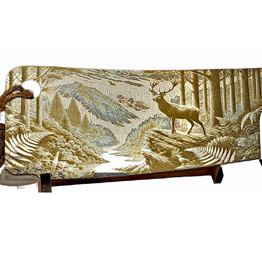 Stag’s Edge cleaver — engraving detail on blade — antlers and ridgeline — Aroha Artisan NZ