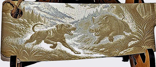 The Take Down cleaver — engraving detail (wild boar / bush) — Aroha Artisan NZ