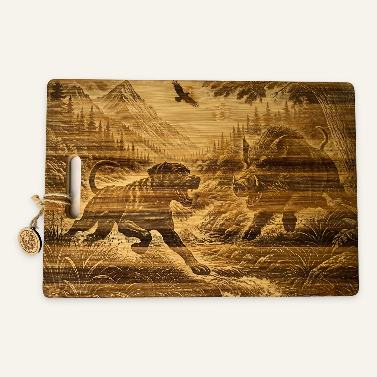 The Take Down: One-Dog Edition bamboo board, showing one dog facing a boar beside a rocky stream, mountains, trees and a bird overhead.