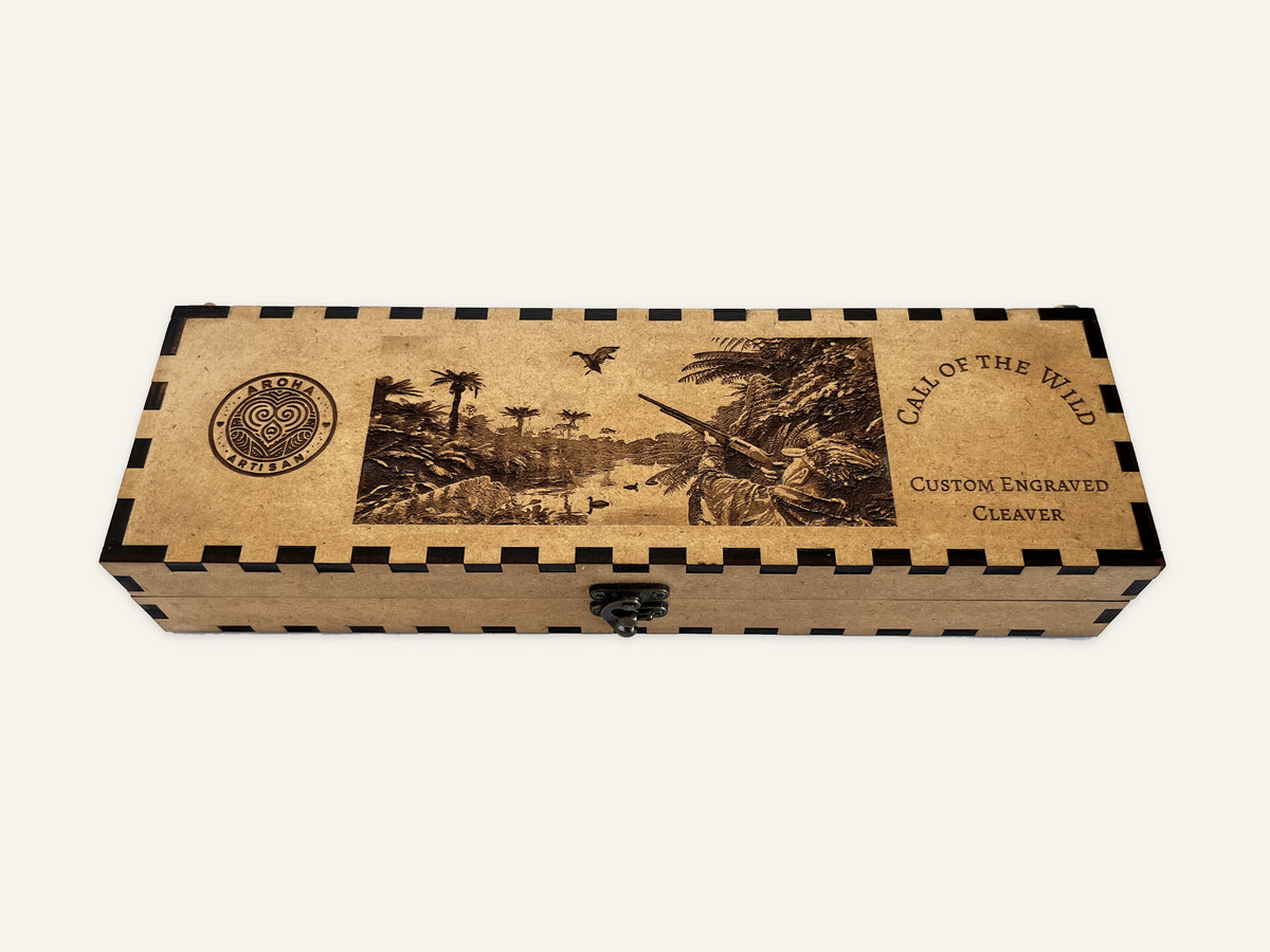 Closed matching engraved MDF presentation box for Call of the Wild