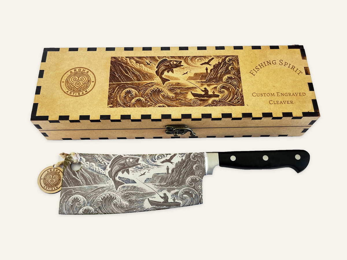 Fishing Spirit three-rivet cleaver beside its matching engraved MDF presentation box