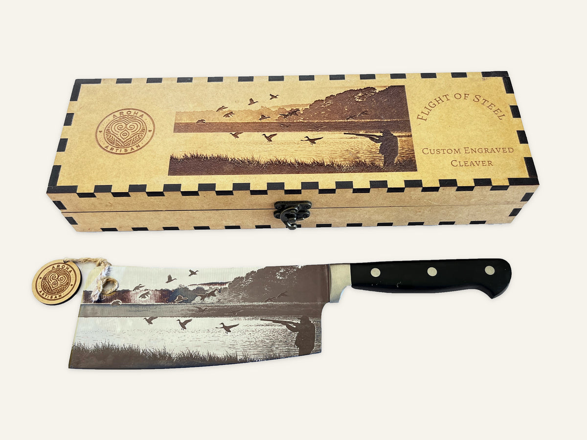 Flight of Steel three-rivet cleaver beside its matching engraved MDF presentation box