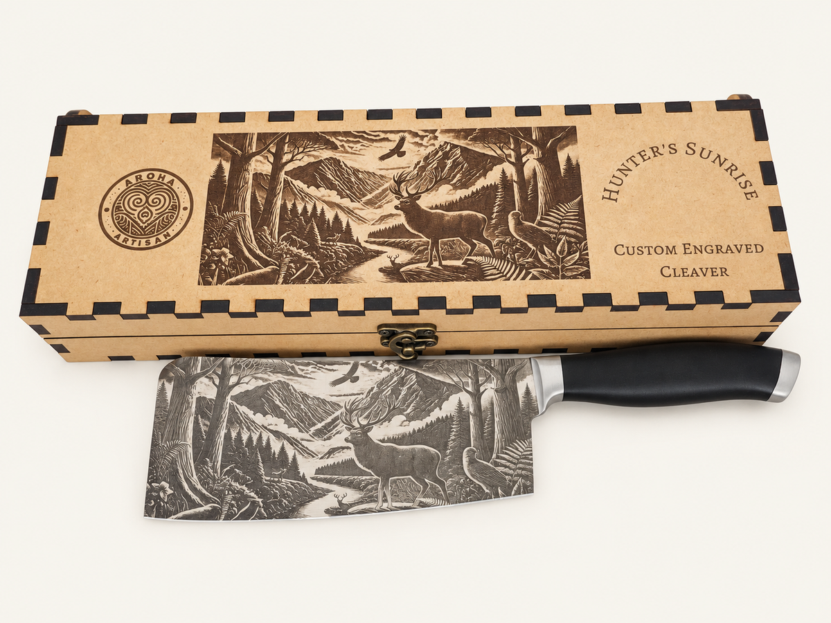 Hunter’s Sunrise cleaver beside its matching closed engraved MDF presentation box