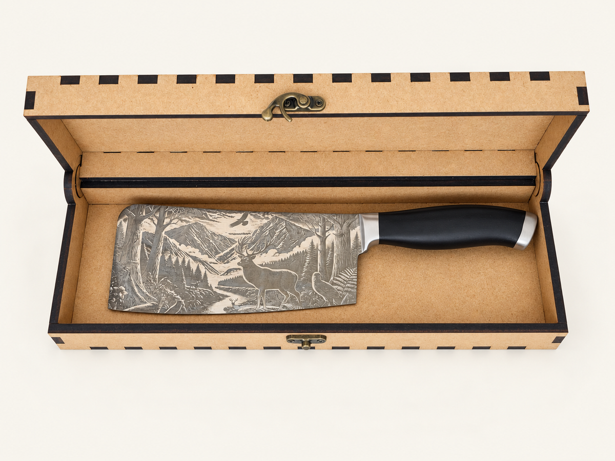 Hunter’s Sunrise smooth-handle cleaver inside its open MDF presentation box