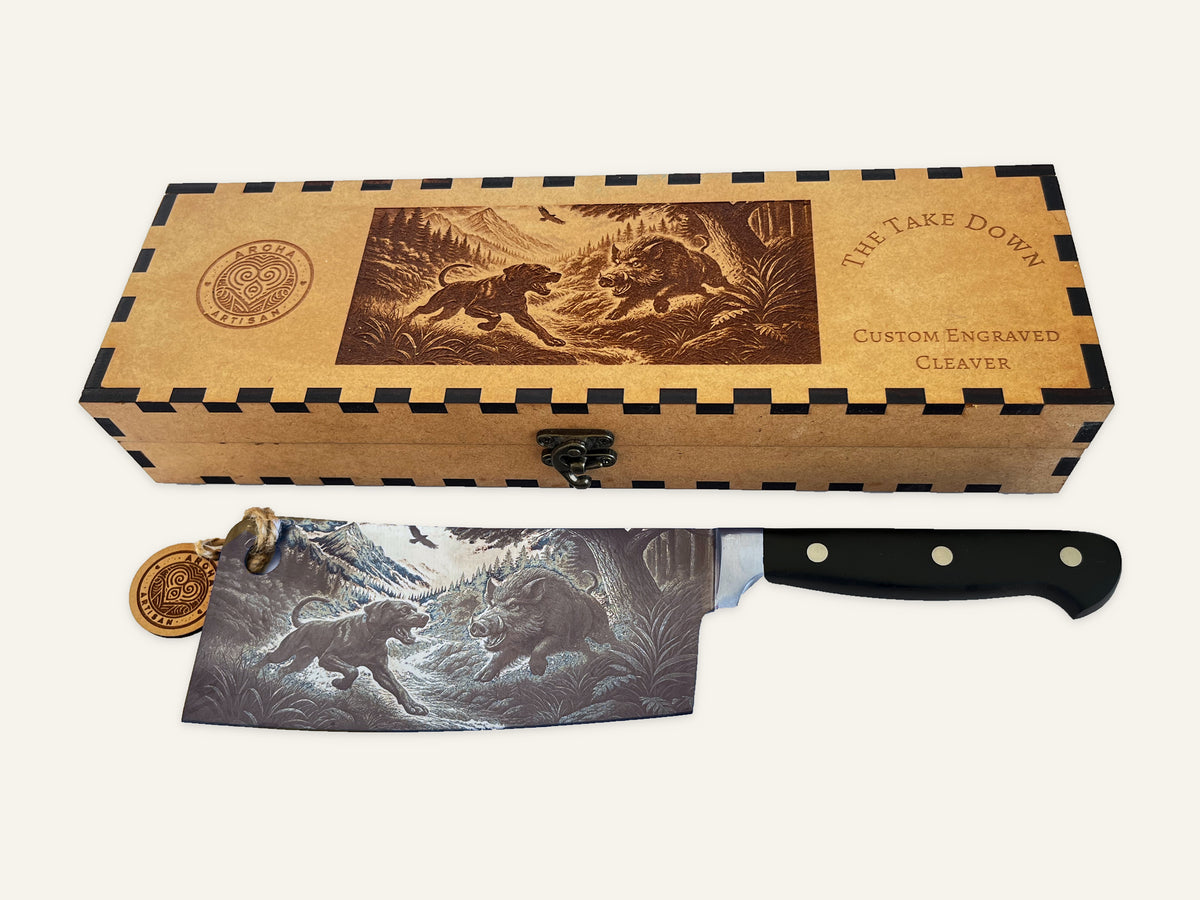 The Take Down three-rivet cleaver beside its matching engraved MDF presentation box