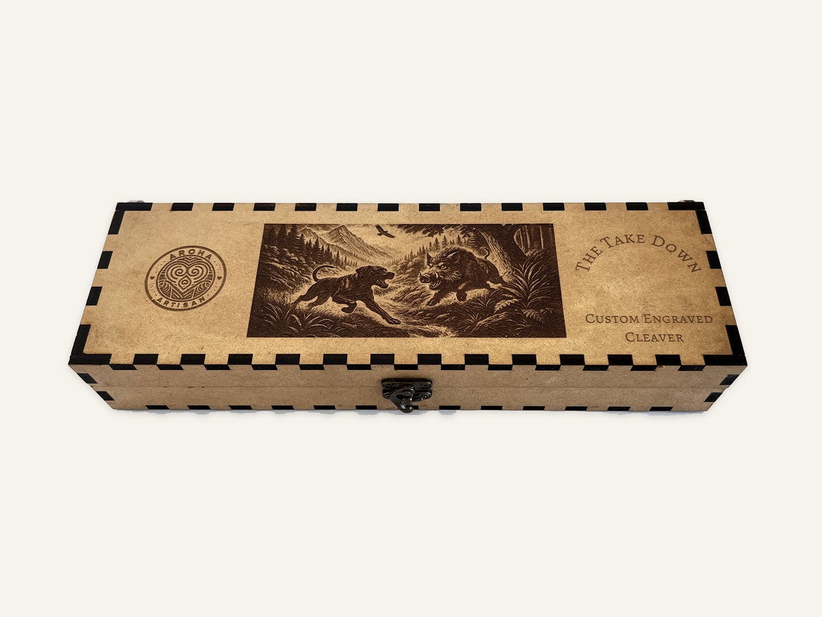 Closed matching engraved MDF presentation box for The Take Down