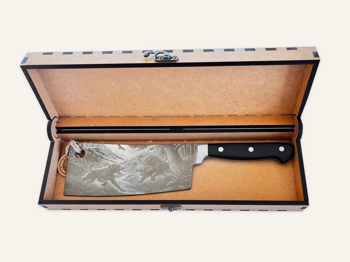 The Take Down three-rivet cleaver inside its open engraved MDF presentation box