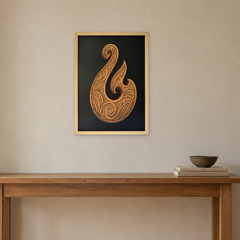Illustrative staged interior showing Hei Matou artwork with a black background and Ashwood-finish frame above a wooden console; not a photograph of an actual customer room.