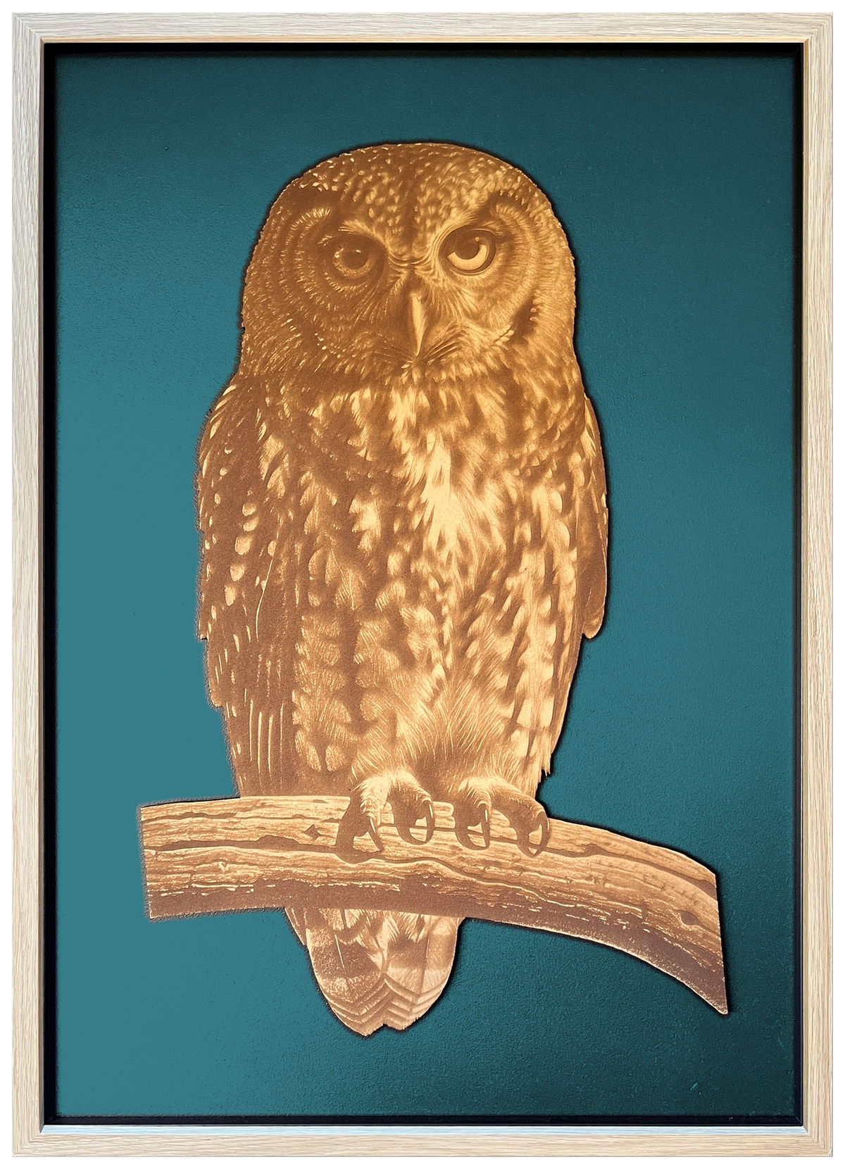 Morepork engraved cutout artwork with teal background and Ashwood frame — frame-finish composite and colour visualisation, not a new photograph.