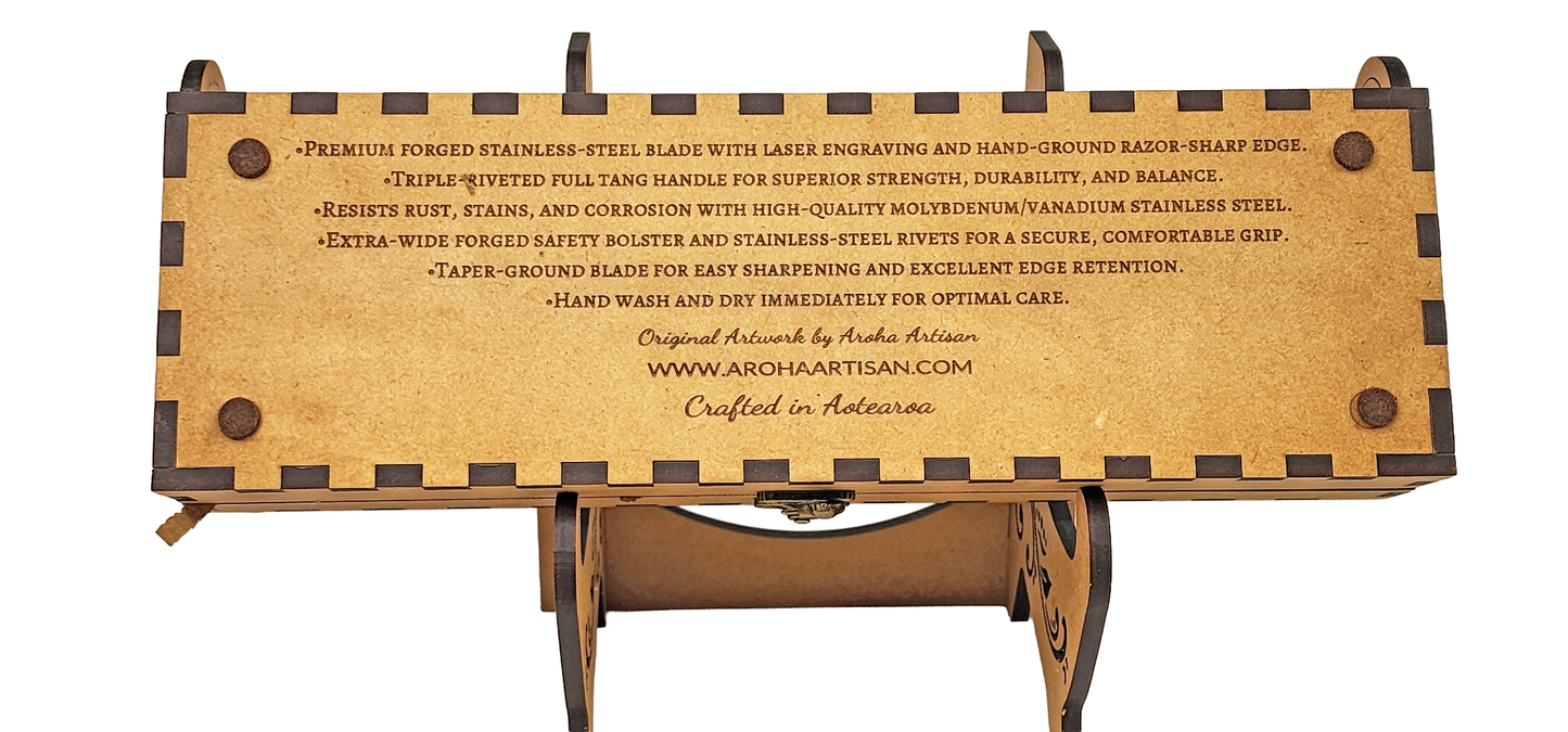 Laser-engraved stainless cleaver — Spirit of the Outdoors — gift-ready engraved MDF box — Aroha Artisan NZ