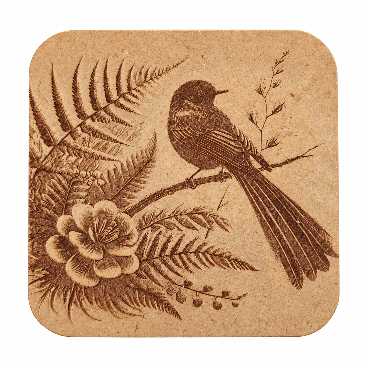 Fantail Flower MDF coaster engraved with a bird, flower and fern fronds on a white background