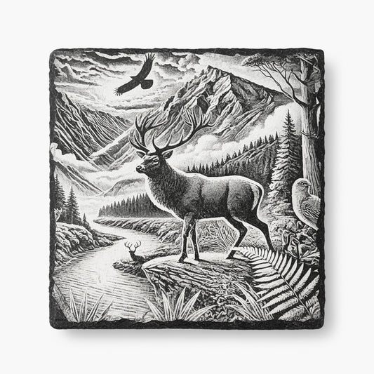 Hunters Sunrise slate coaster engraved with a stag in a mountain and forest landscape
