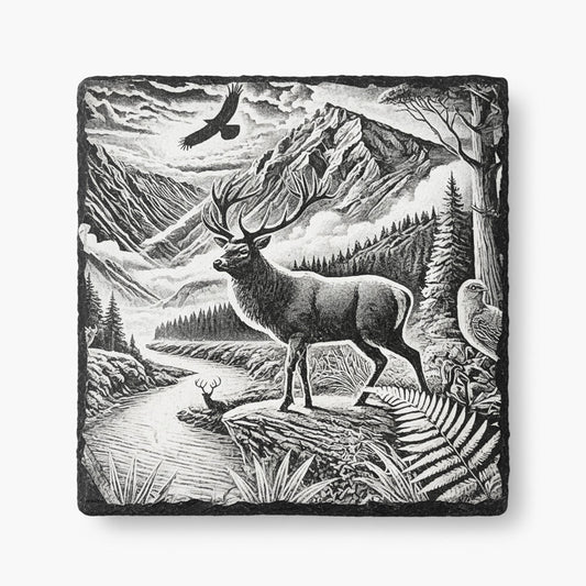 Hunter’s Sunrise engraving on one natural slate coaster