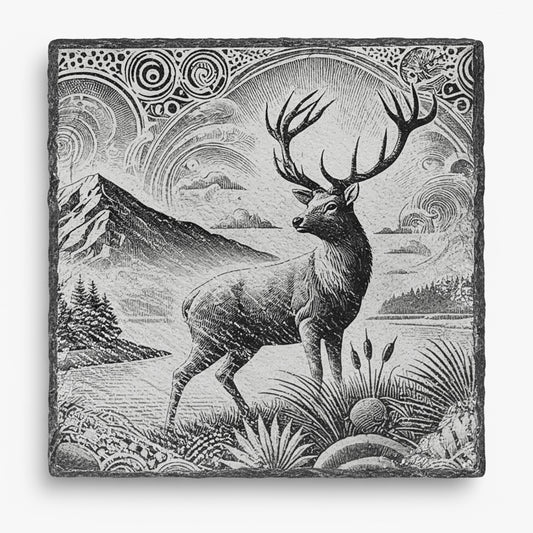 Spirit of the Outdoor slate coaster engraved with a stag, mountain lake and native foliage