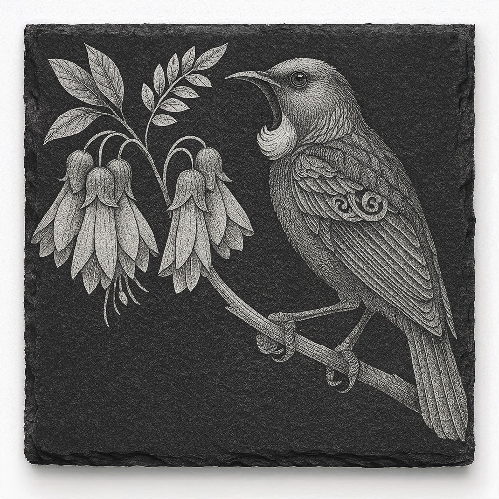 Tūī on Kōwhai Branch engraving on one natural slate coaster