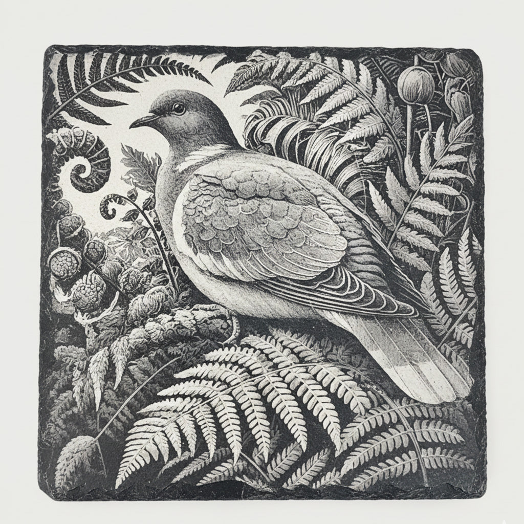 Wood Pigeon engraving on one natural slate coaster
