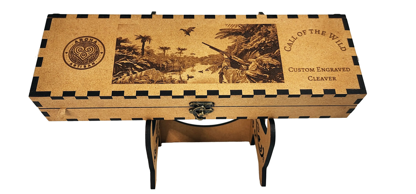 Laser-engraved stainless cleaver — Call of the Wild — engraved both sides — gift-ready MDF box — Aroha Artisan NZ