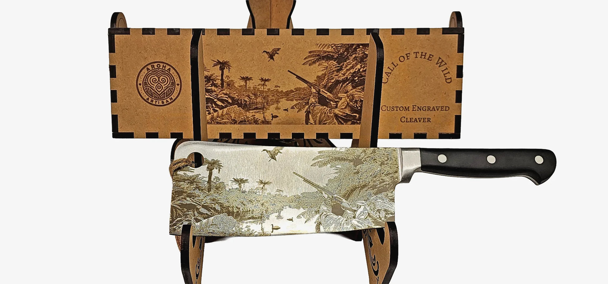 Laser-engraved stainless cleaver — Call of the Wild — engraved both sides — gift-ready MDF box — Aroha Artisan NZ