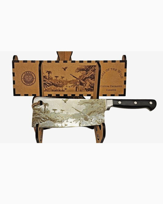 Laser-engraved stainless cleaver — Call of the Wild — engraved both sides — gift-ready MDF box — Aroha Artisan NZ