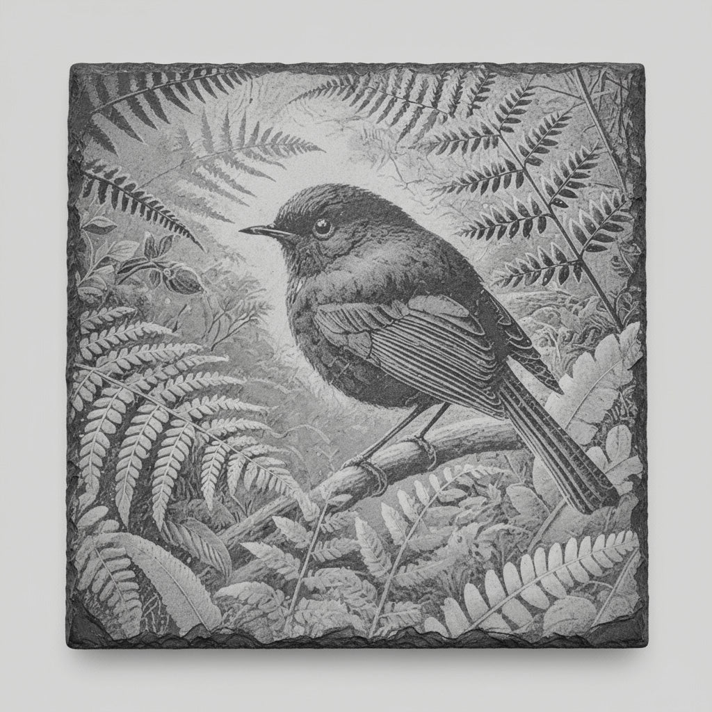Black Robin engraving on one natural slate coaster