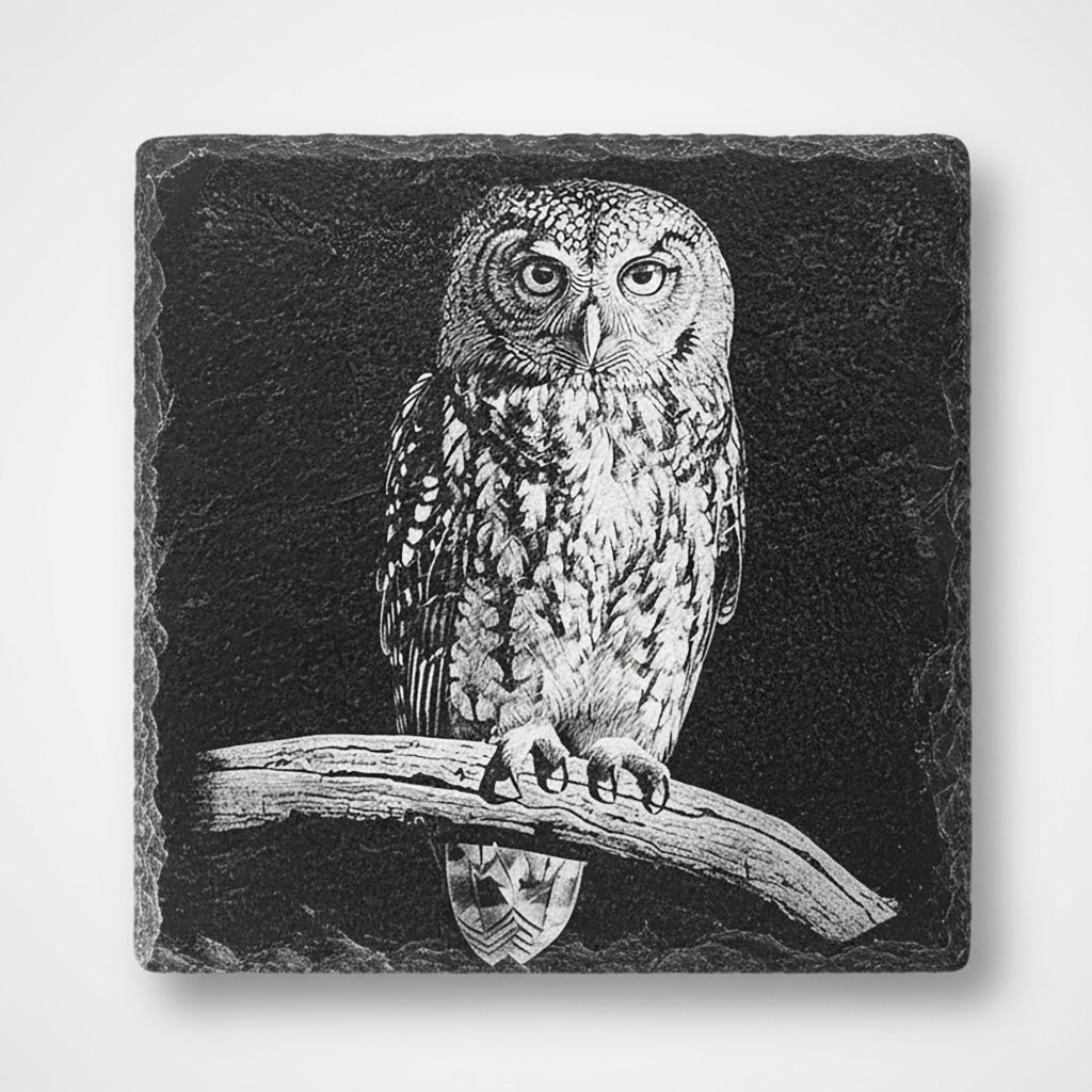 Morepork engraving on one natural slate coaster