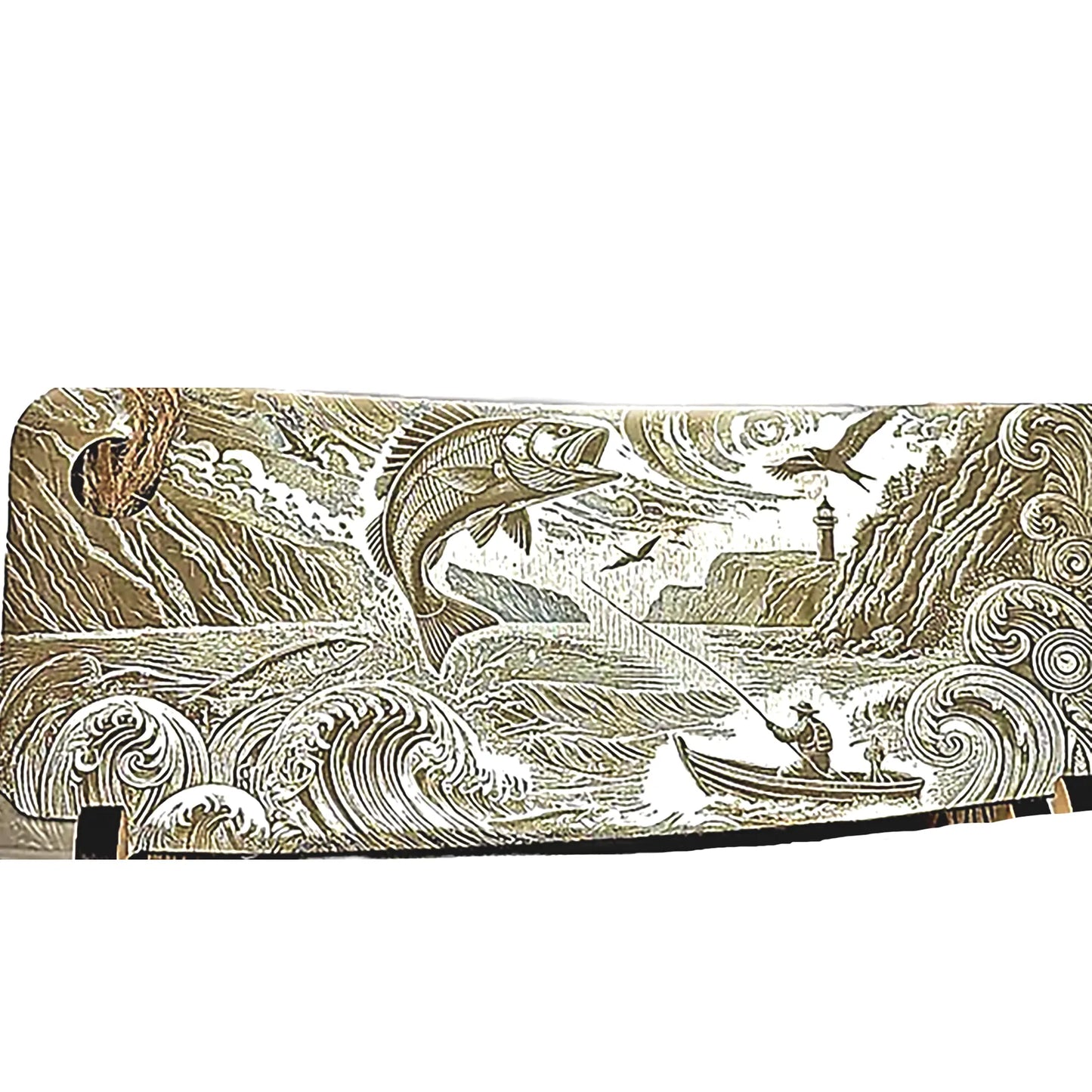 Fishing Spirit cleaver — engraving detail (wave & trophy fish) — Aroha Artisan NZ