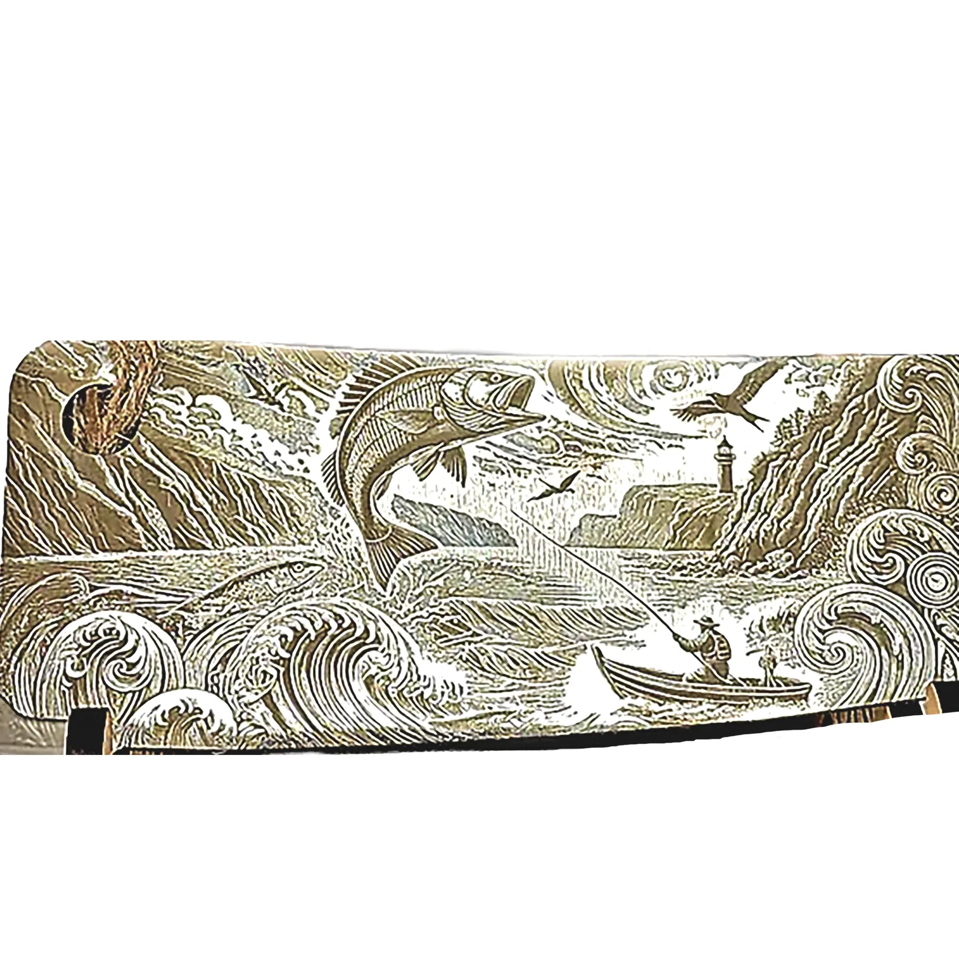 Fishing Spirit cleaver — engraving detail (wave & trophy fish) — Aroha Artisan NZ
