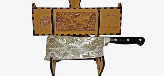 Laser-engraved stainless cleaver — Fishing Spirit — engraved both sides — gift-ready MDF box — Aroha Artisan NZ