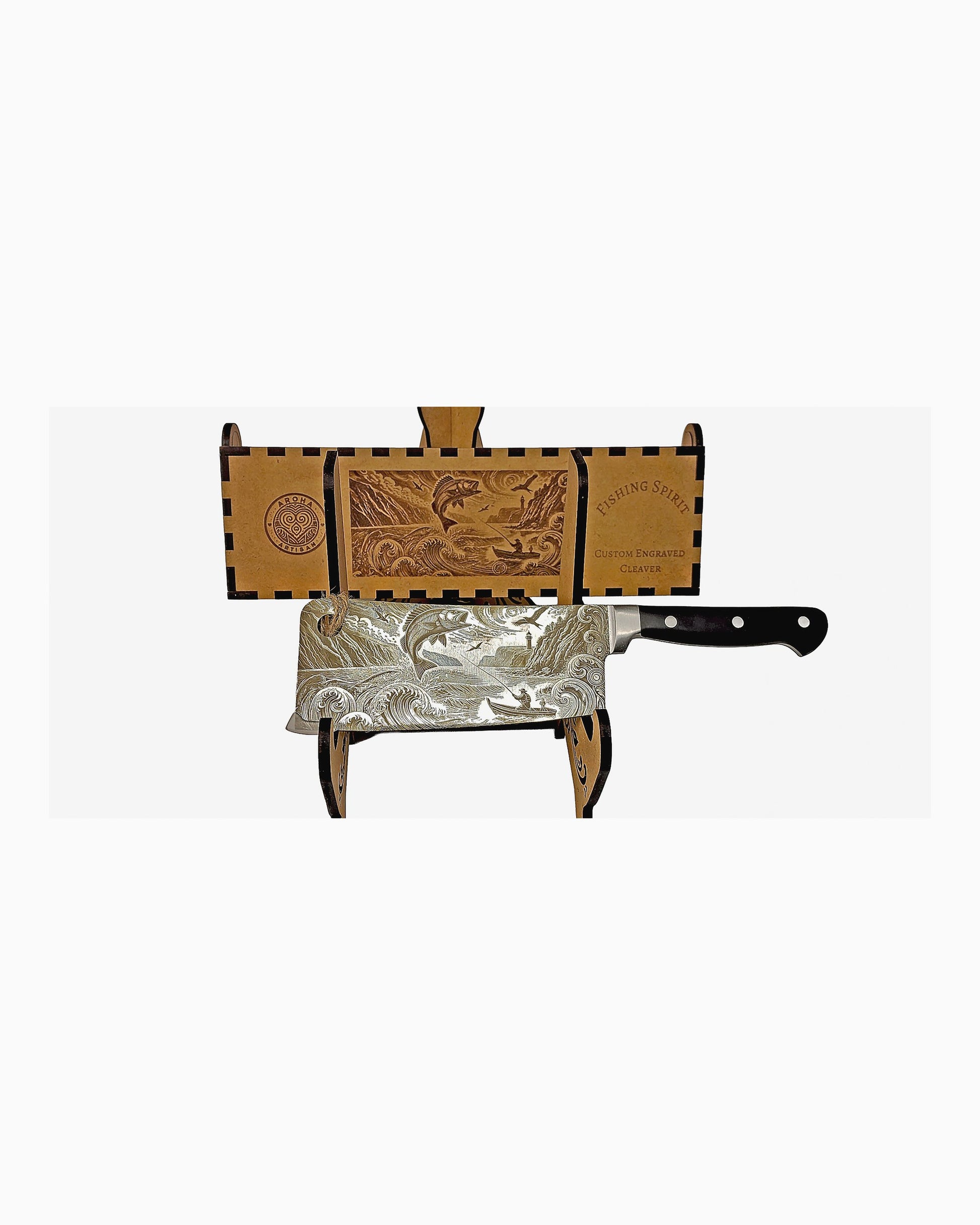 Laser-engraved stainless cleaver — Fishing Spirit — engraved both sides — gift-ready MDF box — Aroha Artisan NZ