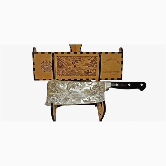 Laser-engraved stainless cleaver — Fishing Spirit — engraved both sides — gift-ready MDF box — Aroha Artisan NZ