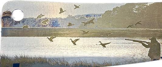 Flight of Steel cleaver — engraving detail (ducks/wetlands) — Aroha Artisan NZ