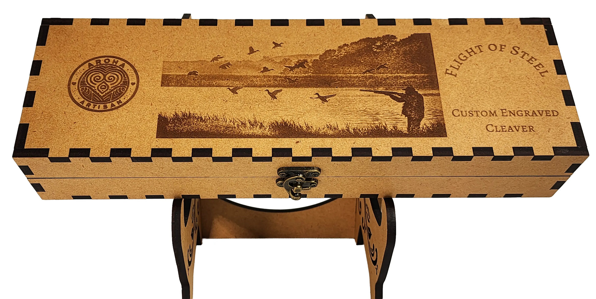 Laser-engraved stainless cleaver — Flight of Steel — ducks in flight wetland scene — engraved both sides — gift-ready MDF box — Aroha Artisan NZ