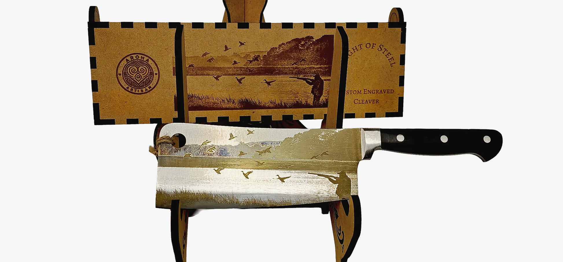 Laser-engraved stainless cleaver — Flight of Steel — ducks in flight wetland scene — engraved both sides — gift-ready MDF box — Aroha Artisan NZ