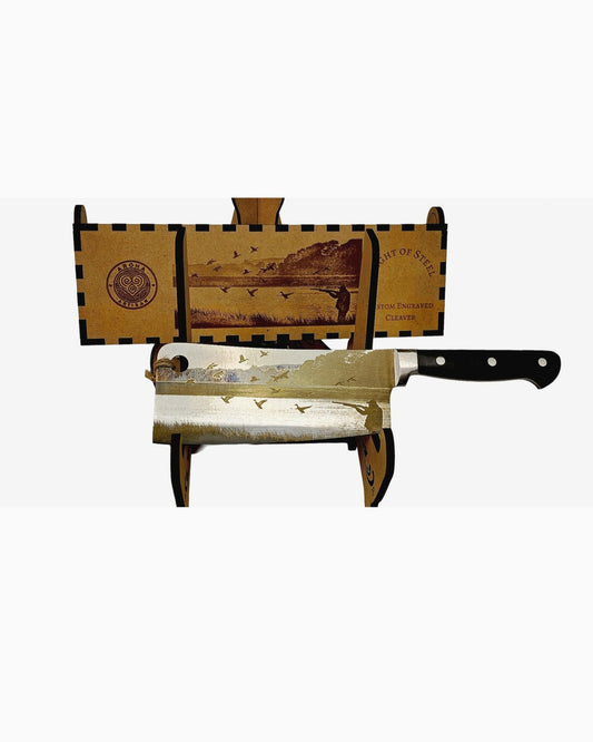 Laser-engraved stainless cleaver — Flight of Steel — ducks in flight wetland scene — engraved both sides — gift-ready MDF box — Aroha Artisan NZ