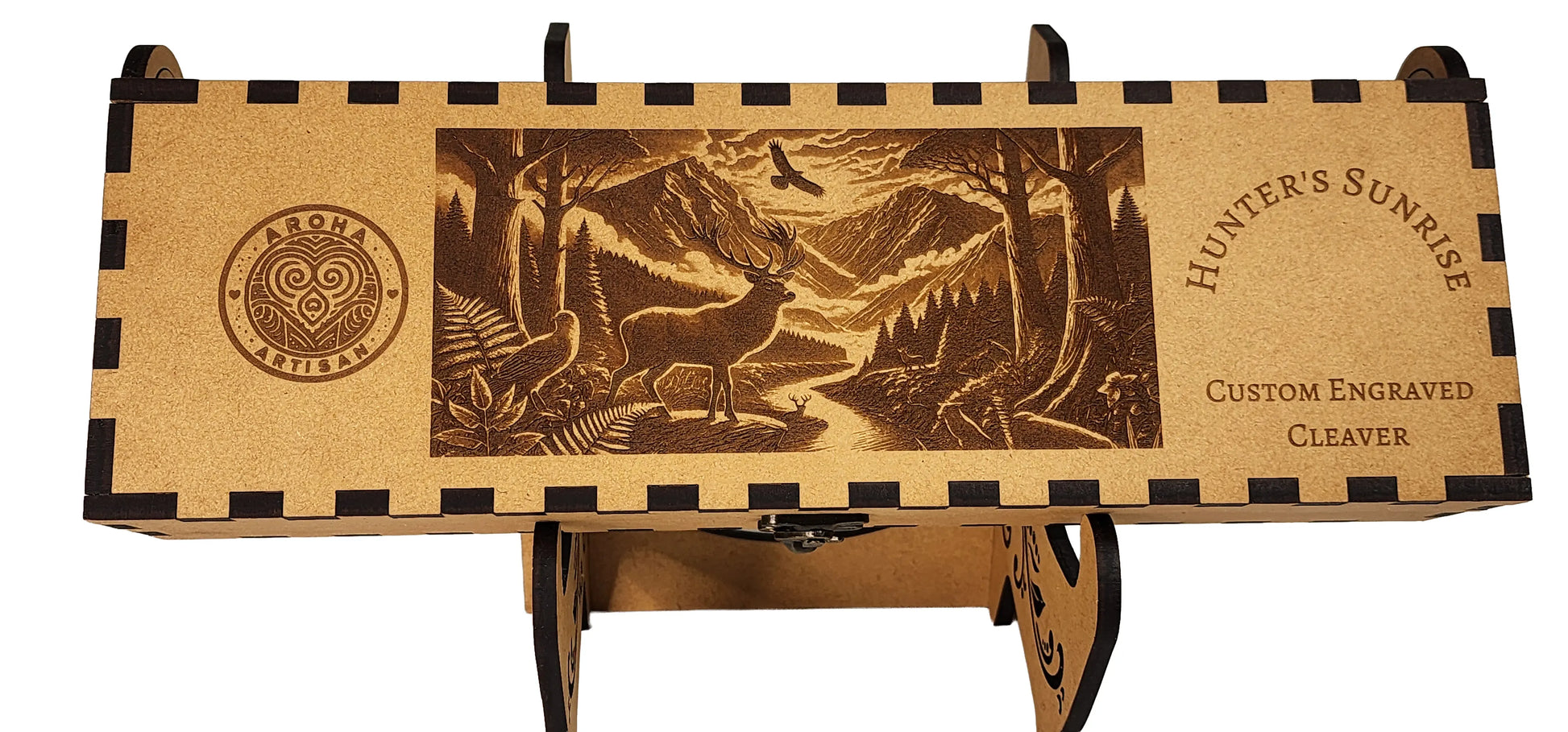 Laser-engraved stainless cleaver — Hunter’s Sunrise — stag at sunrise native bush — engraved both sides — gift-ready MDF box — Aroha Artisan NZ