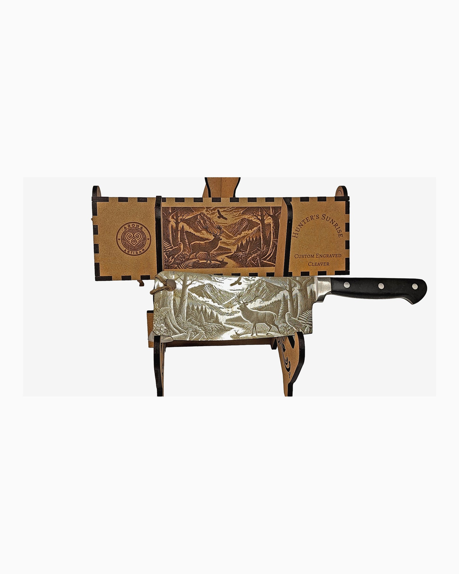 Laser-engraved stainless cleaver — Hunter’s Sunrise — stag at sunrise native bush — engraved both sides — gift-ready MDF box — Aroha Artisan NZ