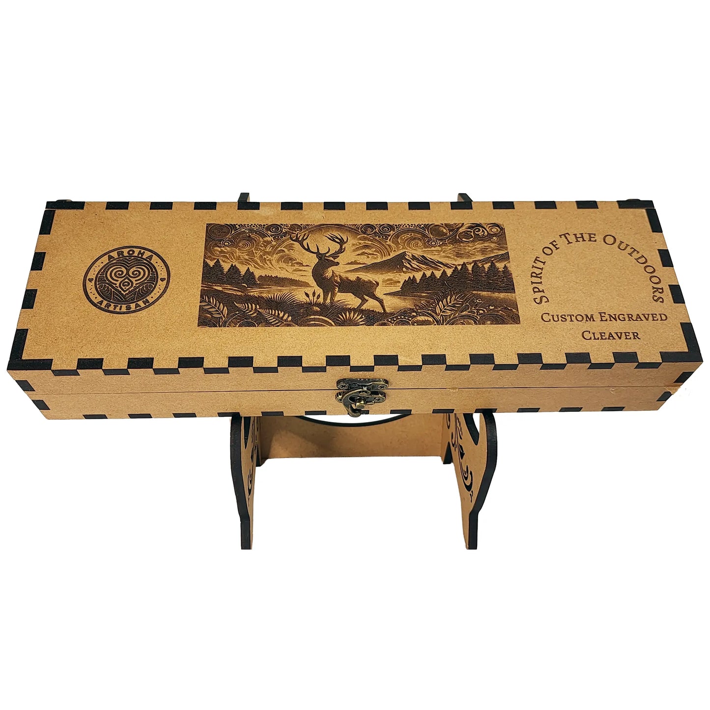 Laser-engraved stainless cleaver box— Spirit of the Outdoors — gift-ready engraved MDF box — Aroha Artisan NZ