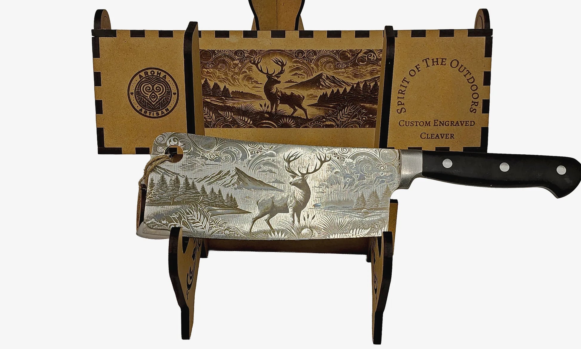 Custom engraved cleaver with deer design in a branded box on a white background — Aroha Artisan NZ