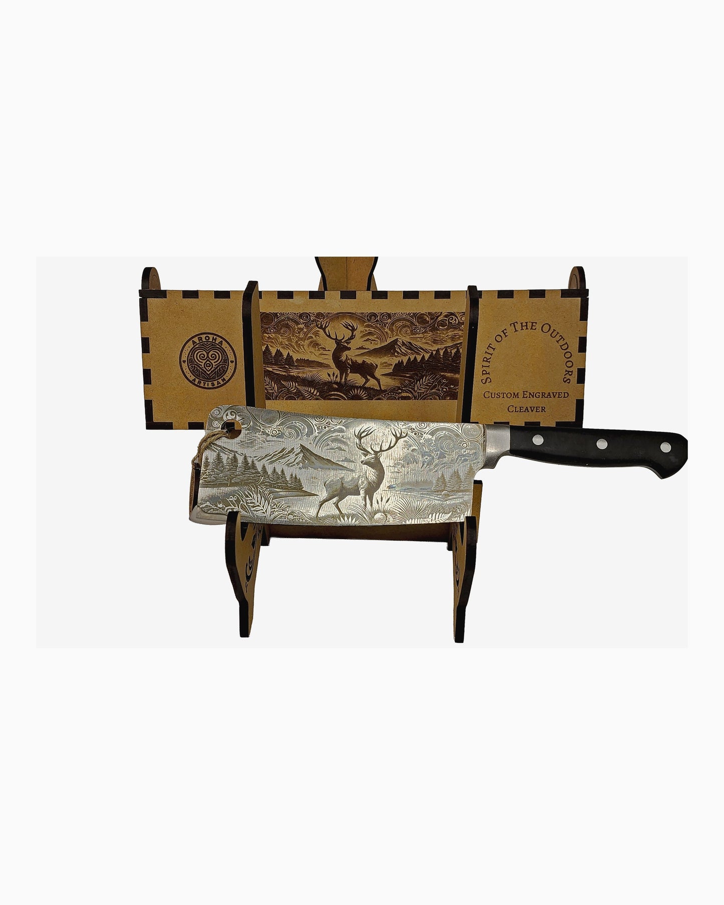 Laser-engraved stainless cleaver — Spirit of the Outdoors — engraved both sides — gift-ready MDF box — Aroha Artisan NZ