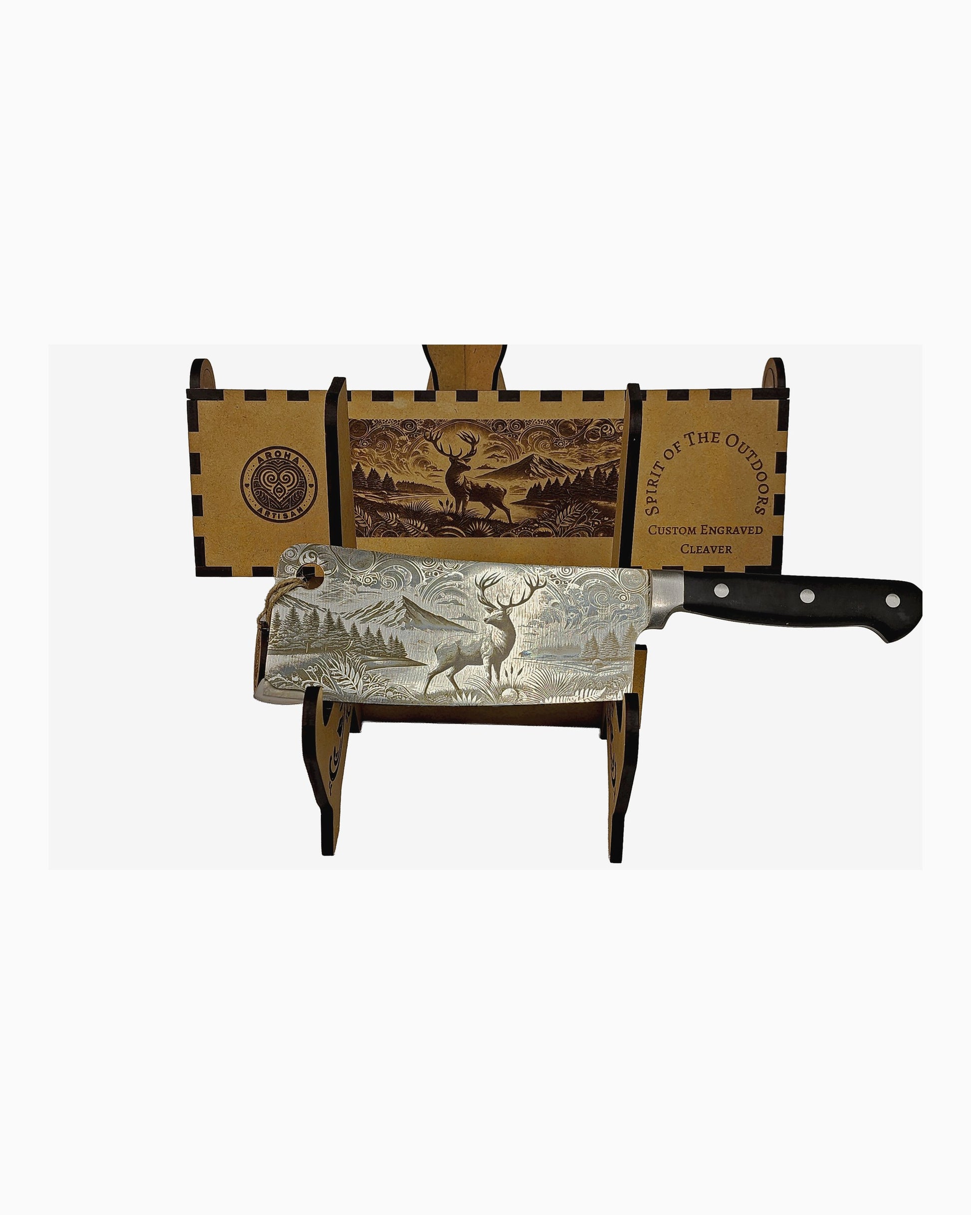 Laser-engraved stainless cleaver — Spirit of the Outdoors — engraved both sides — gift-ready MDF box — Aroha Artisan NZ