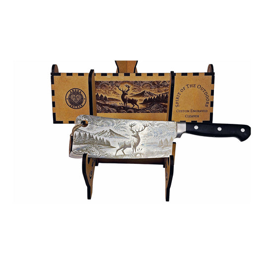 Laser-engraved stainless cleaver — Spirit of the Outdoors — gift-ready engraved MDF box — Aroha Artisan NZ