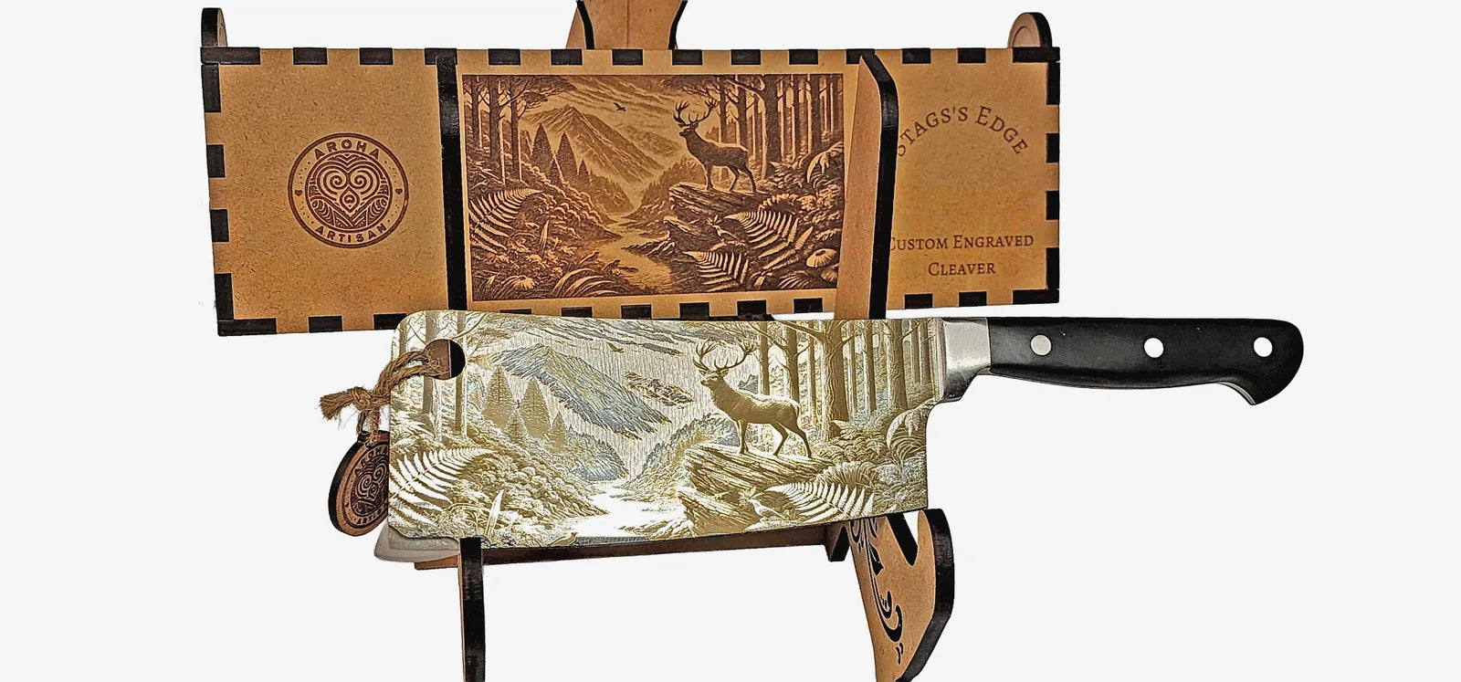 Laser-engraved stainless cleaver — Stag’s Edge — engraved both sides — gift-ready MDF box — Aroha Artisan NZ