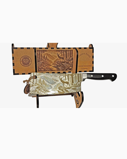 Laser-engraved stainless cleaver — Stag’s Edge — engraved both sides — gift-ready MDF box — Aroha Artisan NZ