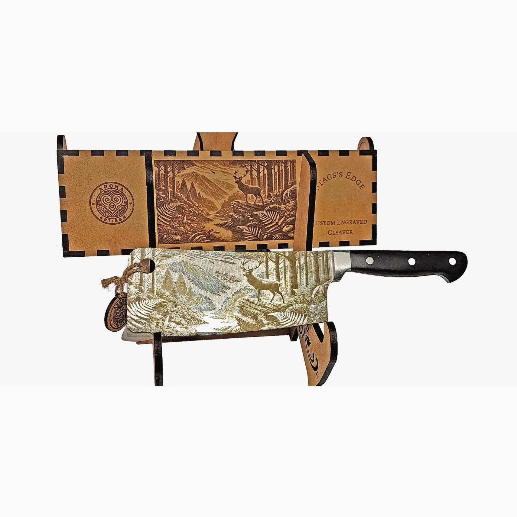 Laser-engraved stainless cleaver — Stag’s Edge — engraved both sides — gift-ready MDF box — Aroha Artisan NZ