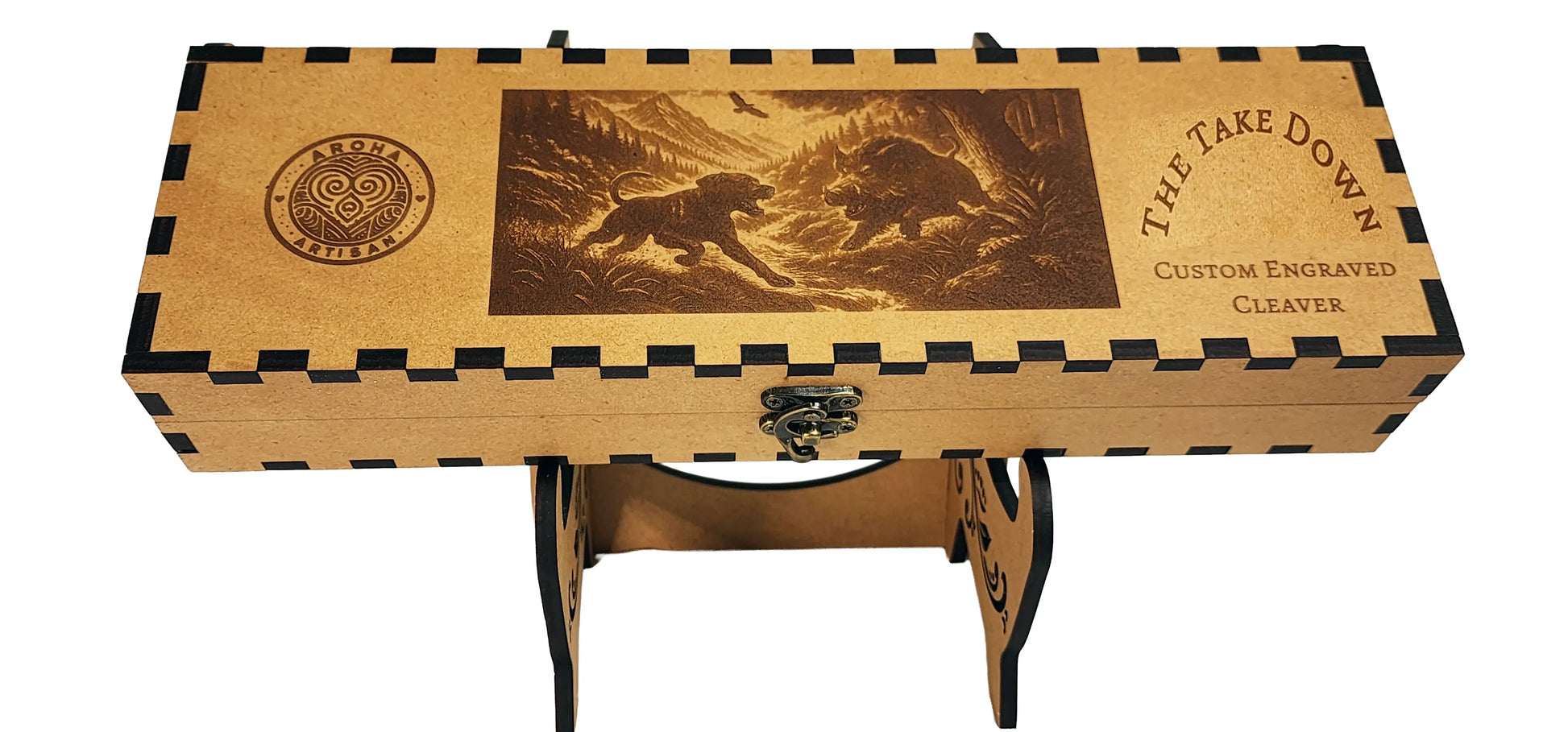 Laser-engraved stainless cleaver — The Take Down — wild boar bush scene — engraved both sides — gift-ready MDF box — Aroha Artisan NZ