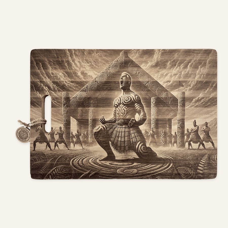 Cosmic Haka Boy artwork engraved on a bamboo board