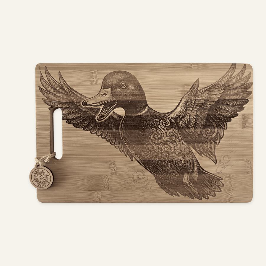 Duck artwork engraved on a bamboo board