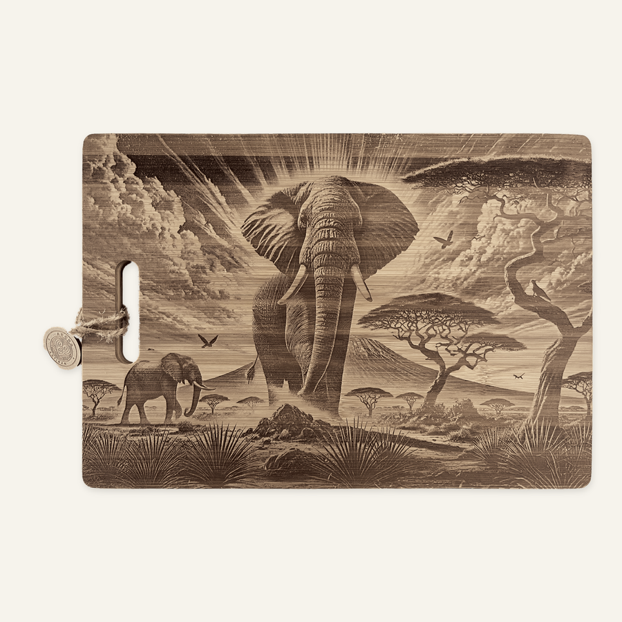Elephant artwork engraved on a bamboo board